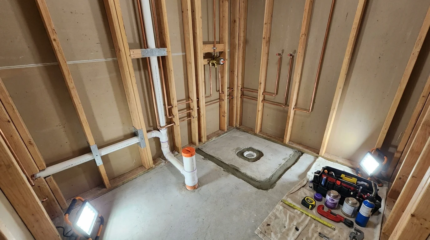 Bathroom rough-in plumbing during remodel by Johns Plumbing LLC in Maryland Heights