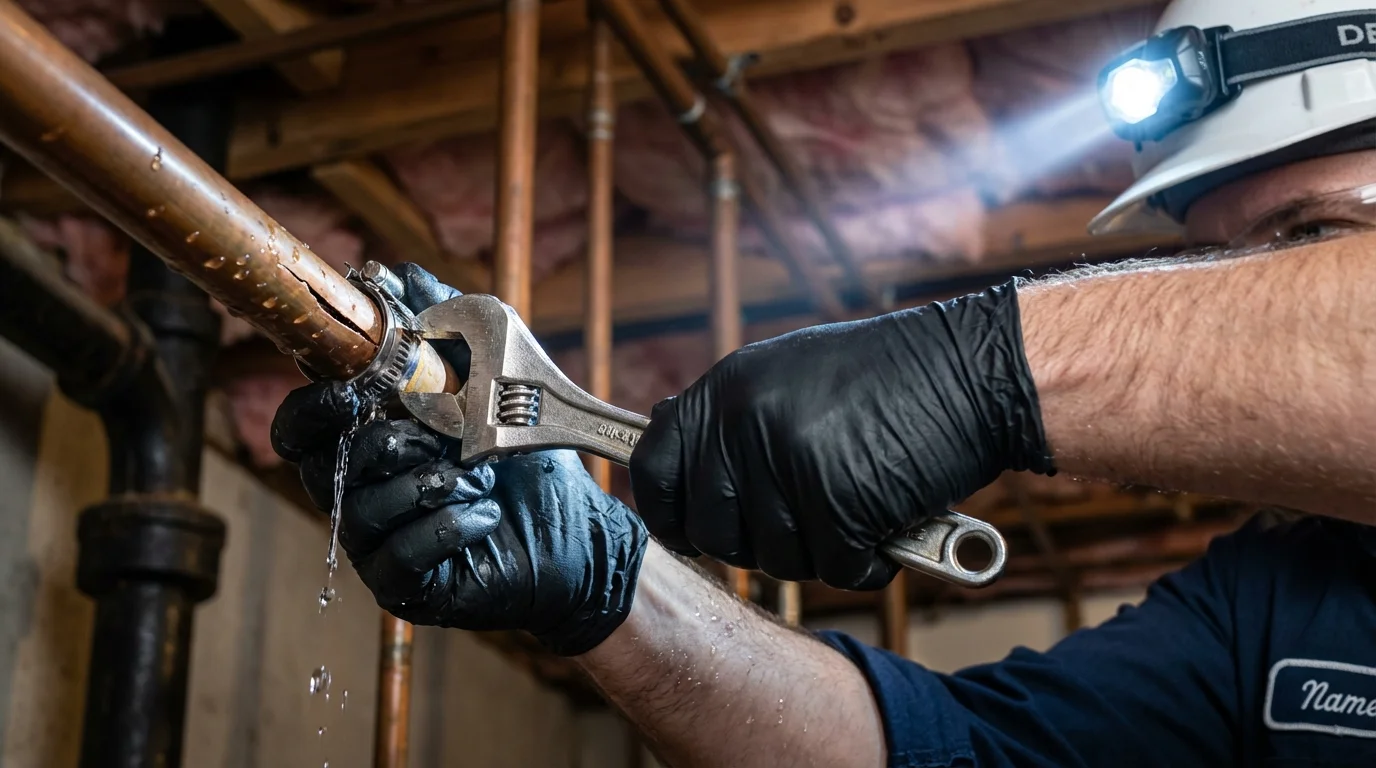 Emergency pipe clamp repair being performed by a Johns Plumbing LLC plumber in Maryland Heights