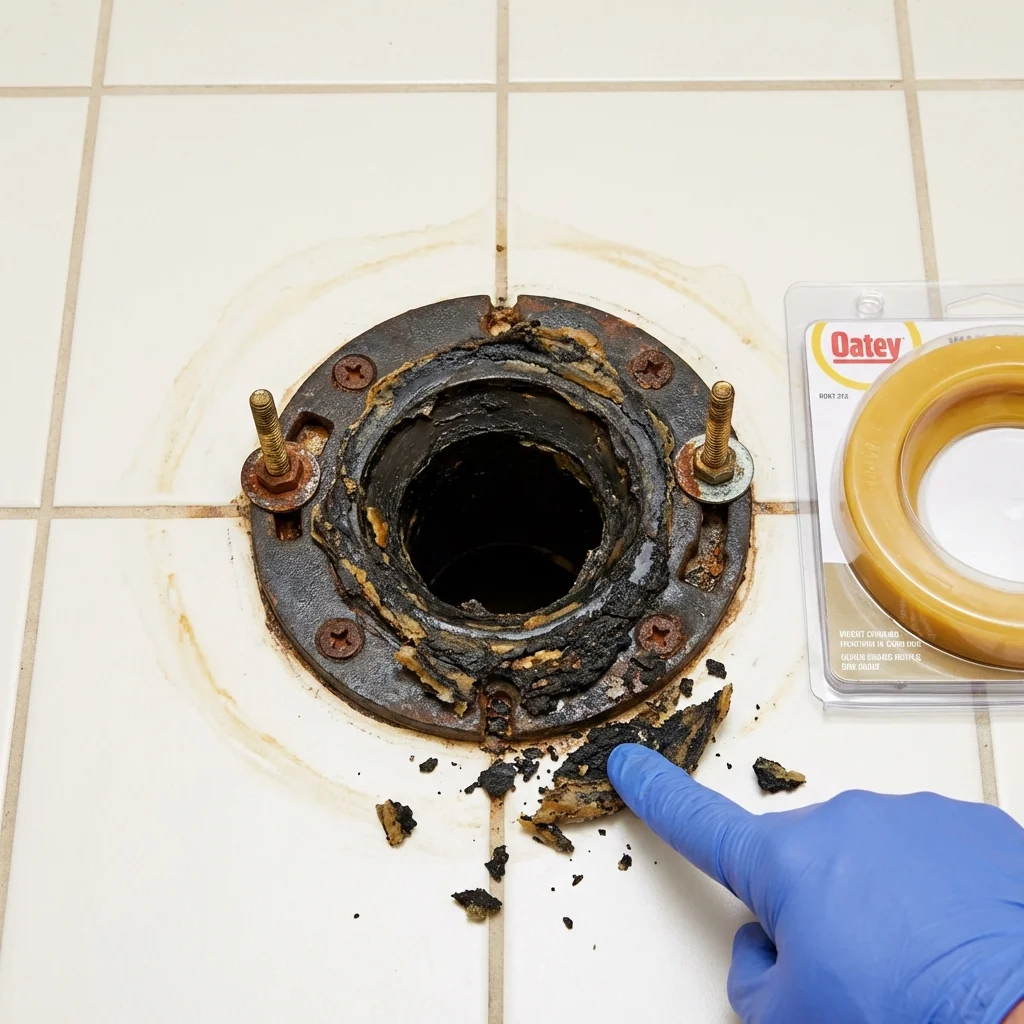 Failed wax ring showing water seepage at the base of a toilet in a Maryland Heights, MO home