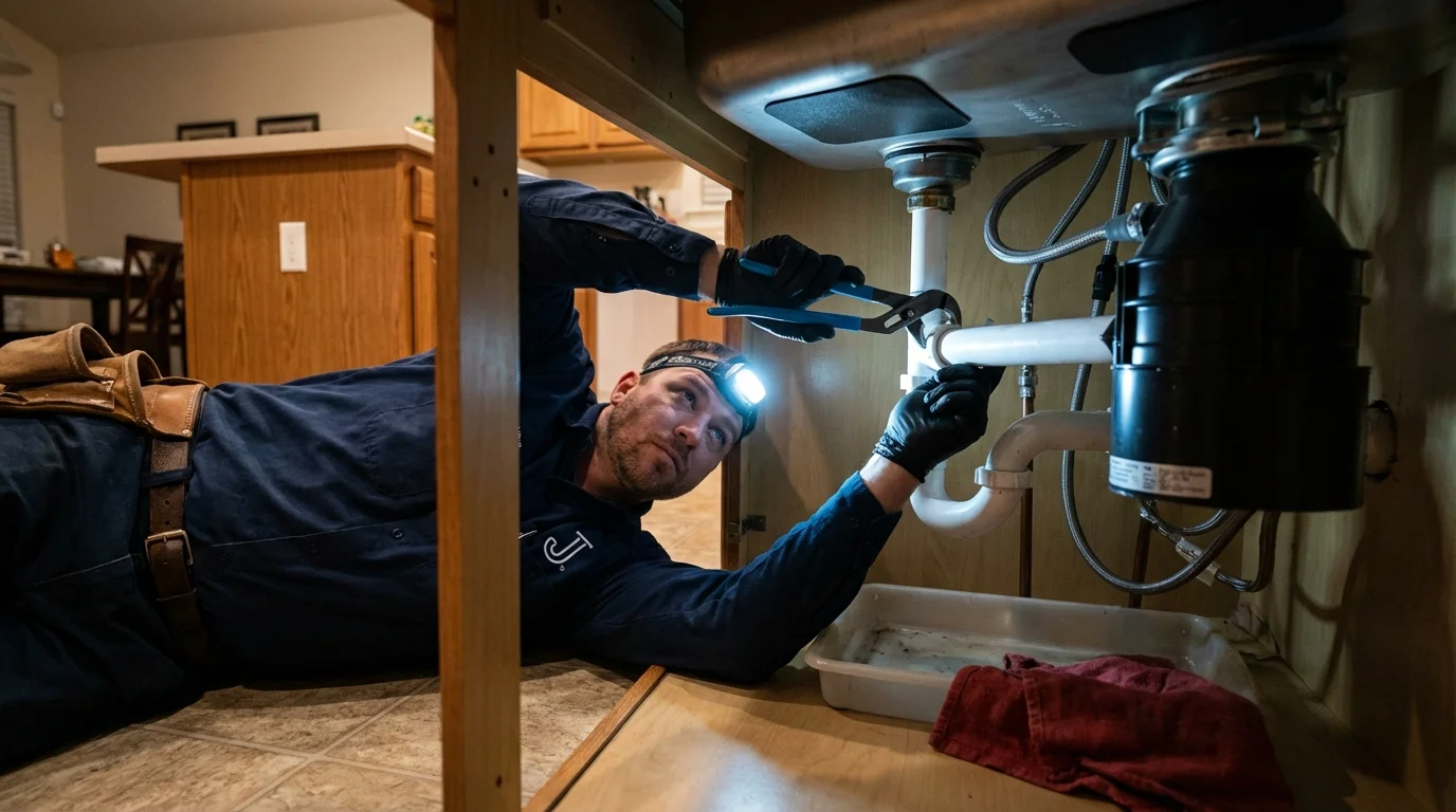 P-trap and supply line connections under a kitchen sink showing a common leak point in Maryland Heights, MO